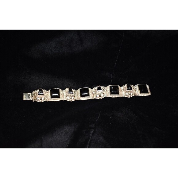 Vintage Aztec Mask Bracelet Black Onyx Alpaca Silver Beautiful 7” made in Mexico - Picture 2 of 16